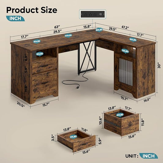 Bestier Farmhouse L Shaped Desk with Drawers, 63" x 47" Office Computer Desk with Charging Station & Fluted Storage Cabinet, Corner Desk with File Drawers, Modesty Panel for Home Office, Rustic Brown