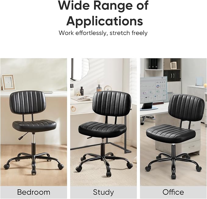 DUMOS Small Armless Home Desk Chair with Low Back Lumbar Support, Height Adjustable PU Leather Computer Task Chair with 360° Swivel Wheels, for Small Space, Adults, New Black