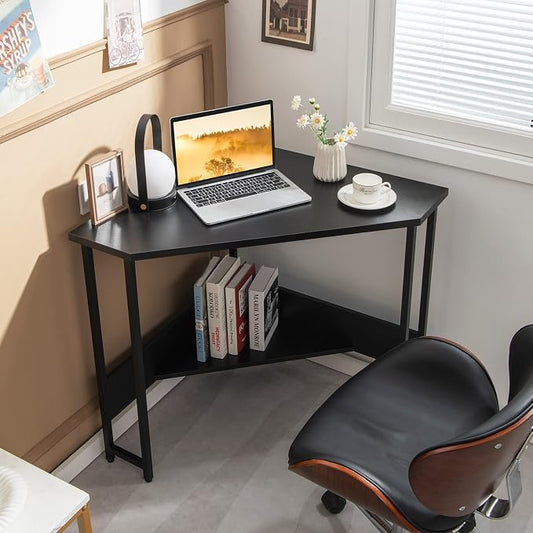GOFLAME Corner Desk with Power Outlet, Triangle Computer Desk for Small Space, Space-Saving Writing Desk with Storage Shelf and Charging Station, Modern Laptop PC Desk for Home Office, Black