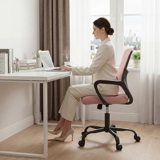DUMOS Home Office Computer Chair - Ergonomic Mid Back Desk with Lumbar Support and Rocking Mode, Height Adjustable with Fixed Armrest, for Conference Meeting Room, 360° Swivel, Adults, Pink
