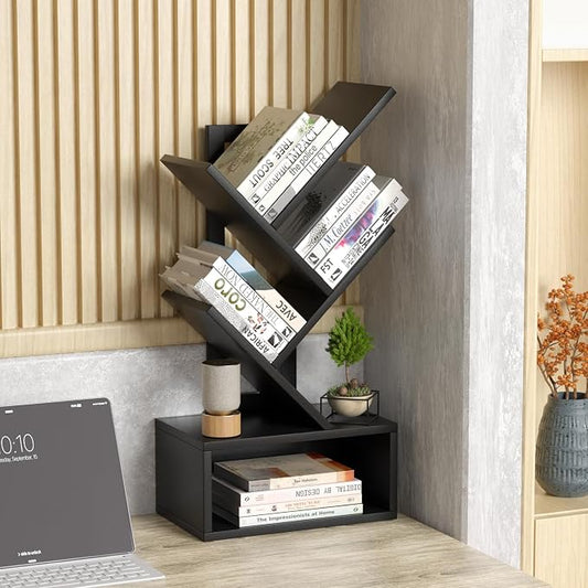 SHEEPAM Small Tree Book Shelf,5 Tier Black Tree Bookshelf,Black Desktop Bookcase,Modern Desk Display Storage Bookshelves,Floor Standing Organizer Bookcases for Living Room,Bedroom,Office
