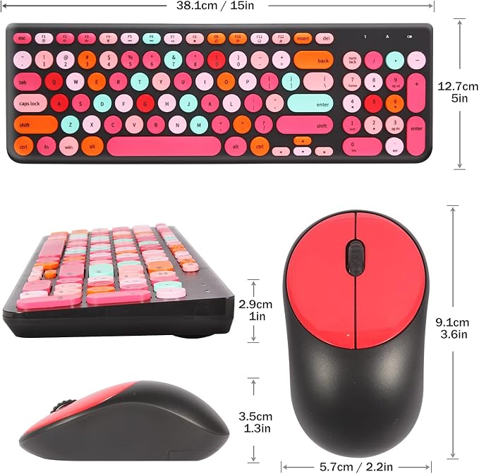 Wireless Keyboard and Mouse Combo, Retro Typewriter Keyboard with Round Keycaps, 2.4GHz USB Cute Wireless Keyboard Mouse for Computer, Desktop, Laptop and Computer (Black-Colorful)