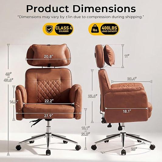 Big and Tall Office Chair - Criss Cross Leather High Back Executive Office Chair with Armrests & Wheels, Ergonomic Computer Gaming Desk Chair for Home, Makeup Vanity & Bedroom, Brown, 49.6”H×22”W
