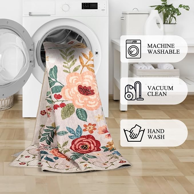 DUKINO 2x5 Runner Rug for Hallway, Washable Kitchen Floral Runner Rug with Non Slip Backing, Low Pile Soft Boho Carpet for Kitchen, Hallway, Entryway, Laundry, Bedroom, Beige