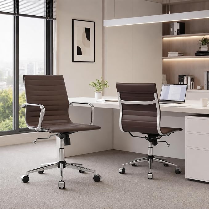 Office Chair with Arms, Brown Faux Leather Desk Chair with Ribbed Mid Back, Adjustable Height Swivel Computer Chair for Home Office, Conference Room and Reception