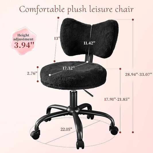 Homkdom Vanity Chair with Wheels, Cute Desk Chair with Bow Backrest, Fluffy Faux Rabbit Fur Small Office Chair for Vanity, Make-up Room, Bedroom, Dorm, Height Adjustable, Black