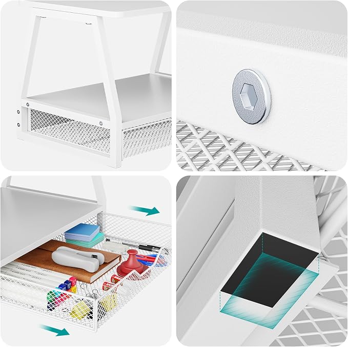 2-Tier Printer Stand with Storage, Desktop Organizer with Drawers for Printer Paper, Desk Shelf for Office and Home Printers Tables, White