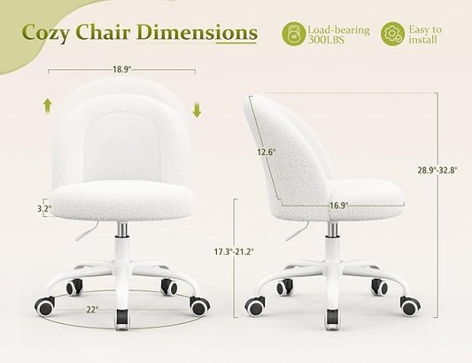 DurayLoly White Vanity Chair with Wheels, Cute Desk Chair with Back, Armless Chair with Height Adjustable & 360° Swivel, Soft Lumbar Support for Small Space, Bedroom