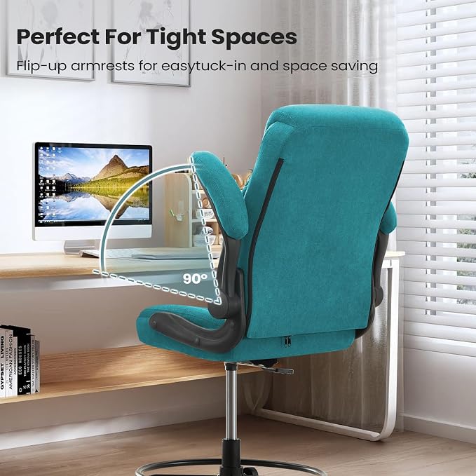 MAHOMICO Drafting Chair for Standing Desk โ Tall Office Chair with Adjustable Height & Foot Ring, Flip-Up Arms, Lumbar Support โ Comfortable Fabric Seat, Ideal Home Desk Chair