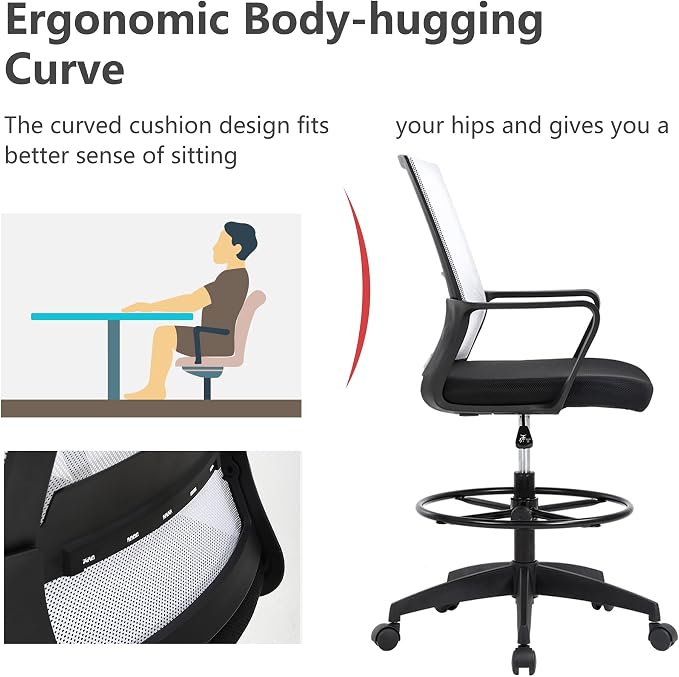 BestOffice Drafting Chair Tall Office Chair Adjustable Swivel Rolling Mesh Height with Lumbar Support Arms Footrest Mid Back for Adults Standing Desk Drafting Stool (Beige)