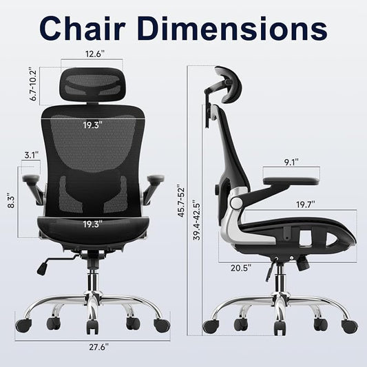 marrap Ergonomic Office Chair, Mesh Seat Cushion with 3D Armrests and 3D Headrest, Adjustable Lumbar Support with 90-120° Rocking Function for Home Office, Black