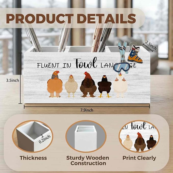 Funny Chicken Pencil Pen Holder for Desk Organizer, Chicken Lovers Gifts for Women Men, Fluent in Fowl Language Wooden Box Decorations for Home Office Bedroom Desk Tabletop Decor