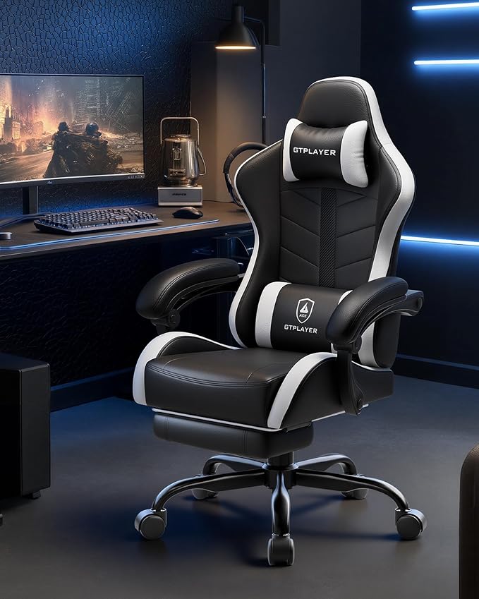 GTPLAYER Gaming Chair, Ergonomic Game Computer Chairs with Foot Rest for Adults, Adjustable PC Game Chair with Reclining Function and Comfortable Headrest for Home and Office Use (White)