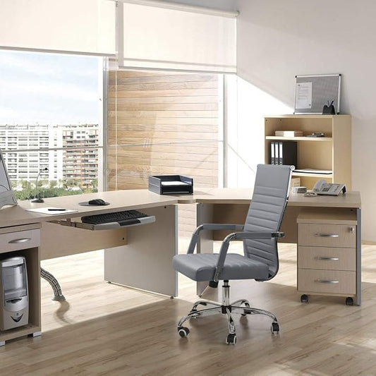 KaiMeng Ribbed Office Desk Mid Back Computer Chair Height Adjustable Conference Executive Task Swivel PU Leather (Grey)