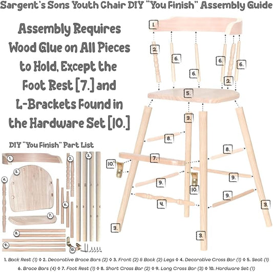 Sargent's Sons Amish Style Wooden Youth Chair, Desk Chair, Youth Dinning Chair with Step & Arms (Unfinished, Disassembled DIY)