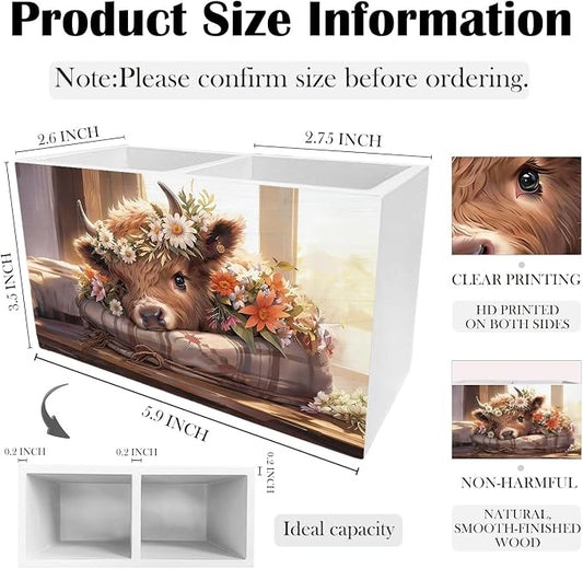 Highland Cow Pen Holder for Desk, Rustic Floral Farm Heifer Wooden Box Sign Desk Decor for Home Office Decoration, Highland Cow Gifts Pencil Organizer, Gifts for Cows Lovers