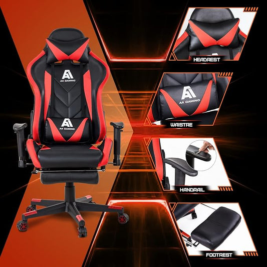 AA Products Gaming Chair High Back Ergonomic Computer Racing Chair Adjustable Office Chair with Footrest, Lumbar Support Swivel Chair - Red