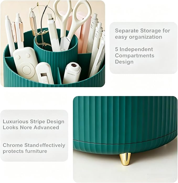 Pencil Pen Holder 5 Slots 360°Degree Rotating Pen Organizers for Desk Desktop Storage Stationery Supplies Cute Pencil Cup Pot Kids Desk Organizer for Office Home School(Green)