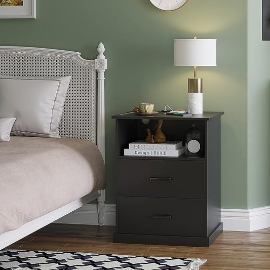 Hasuit Night Stand with Charging Station, Large Nightstand with Storage Drawers and Open Cubby, Black Bedside Side End Table for Home Office, Wider Tabletop 19.0'' x 15.0''
