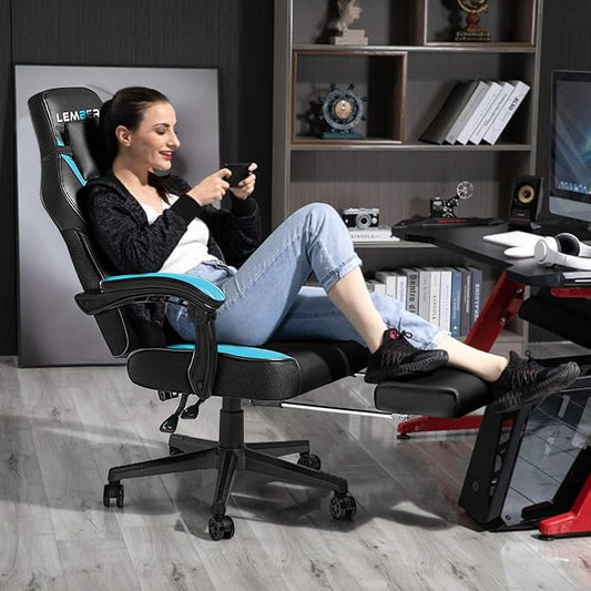 LEMBERI Big and Tall Gaming Chair 400lb Capacity, Heavy-Duty Office Chair with Reinforced Footrest, Wide Seat High Back PC Desk Chair with Linkage Armrests, Thickened Steel Frame, PU Leather, Blue