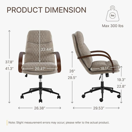 KISLOT Home Office Desk Chair, Ergonomic Office Chair with Lumbar Support, Adjustable Swivel Computer Chair with Wheels, Fabric Executive Task Chair with Wood Arms, Set of 2, Khaki