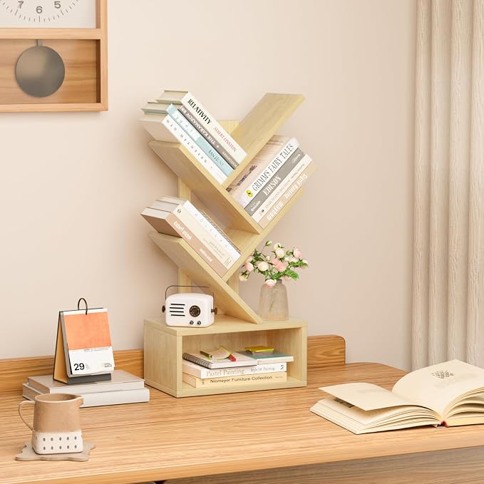 SHEEPAM Small Tree Book Shelf,5 Tier Black Tree Bookshelf,Wood Desktop Bookcase,Modern Desk Display Storage Bookshelves,Floor Standing Organizer Bookcases for Living Room,Bedroom,Office