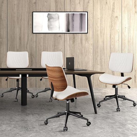 CLATINA Armless Home Office Chair, Desk Chair with Wheels, Adjustable Height Reading Chairs, Leather Mid Back & Swivel Computer Chairs, Modern Walnut with Back for Study Meeting Room(White) 4Pack