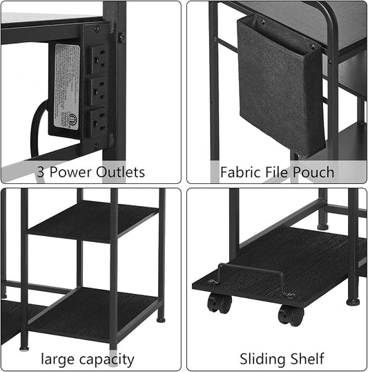 Sedegn Large Printer Stand with 3 AC Outlets for Home Office Devices | Heavy-Duty Printer Table for Laser Printer, Side Paper Storage Bag, 3-Tier Organizer for Shredder, PC Tower & Supplies, Black