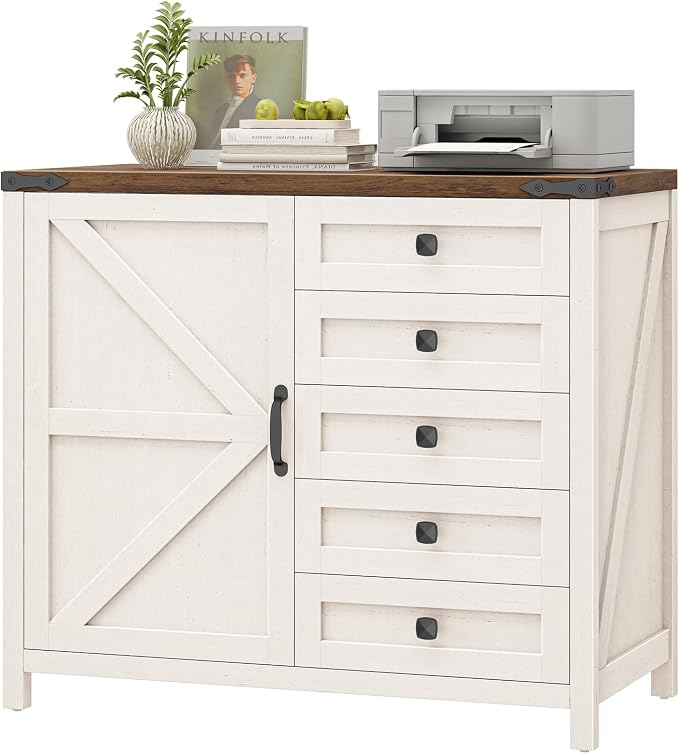 Halitaa Lateral File Cabinet with 5 Drawers, Farmhouse File Cabinet with Door and Adjustable Shelf, Large Wood File Storage Cabinets Printer Stand for Home Office Furniture, Rustic White and Brown