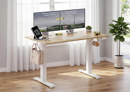 YDN Electric Standing Desk Adjustable Height, 48 x 24 Inches Sit Stand up Desk with Memory Presets & Cable Management, Home Office Desk for Office & Computer Workstation, White Frame/Nature Top