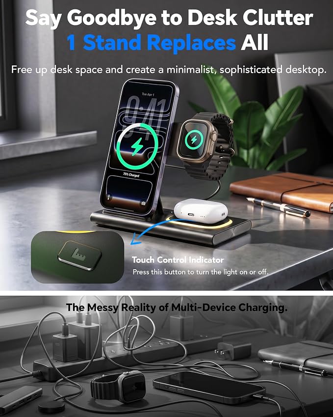 3 in 1 Charging Station for iPhone 17 - Wireless Charger for Apple Devices for iPhone 17 16 15 14 13 12 11 Pro Max - Foldable Wireless Charging Station Dock Stand for Apple Watch Series & AirPods