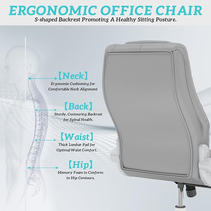 lavimiya Executive Office Chair with Rubber Wheels, Big and Tall Office Chair 400LBS, High Back Leather Computer Desk Chair with Flip-up Armrests and Lumbar Support, Grey