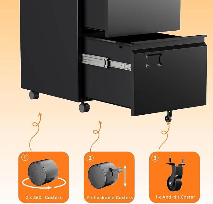 Aobabo 2 Drawer Metal File Cabinet with Lock, Black | Rolling metal cabinet for letter/legal files, under-desk storage, home offices, and business workspaces.