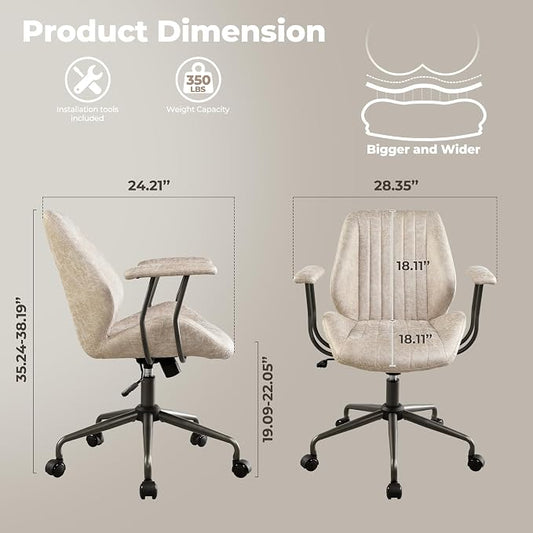 ovios Home Office Chair, Mid-Century Modern Faux Suede Leather Ergonomic Chairs, Mid Back Comfy Computer Swivel Rolling Task Executive Armchair, Beige