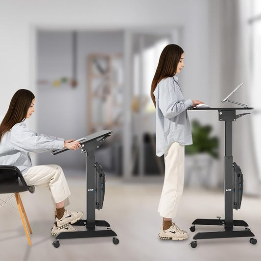 AVLT 47" Height Adjustable Mobile Workstation with Tilting Desk Black | 3 ft 11 inches - Foot Pedal Pneumatic Standing Desk Cart - Mobile Laptop Cart - Mobile Cart with Brake Casters