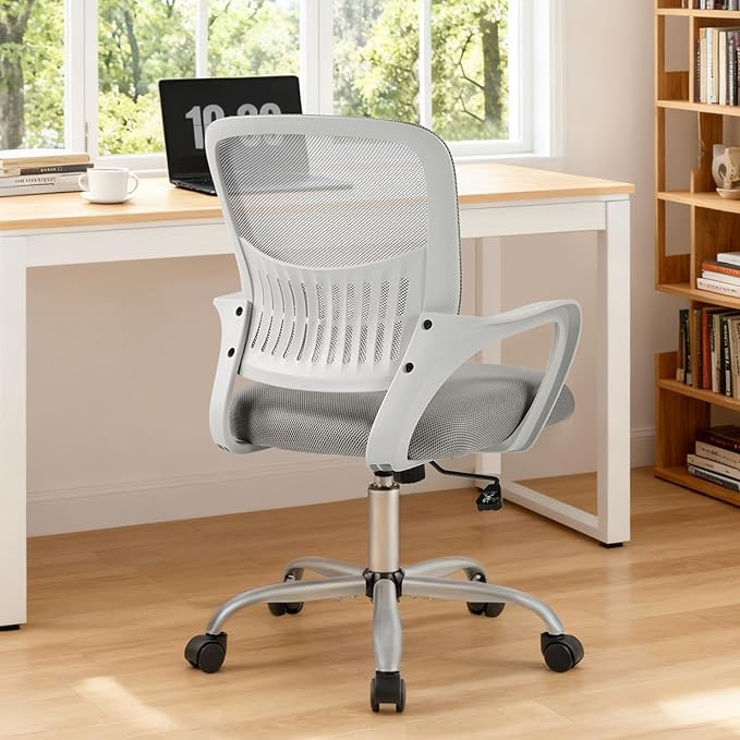DUMOS Home Office Computer Chair - Ergonomic Mid Back Desk with Lumbar Support and Rocking Mode, Height Adjustable with Fixed Armrest, for Conference Meeting Room, 360° Swivel, Adults, Grey