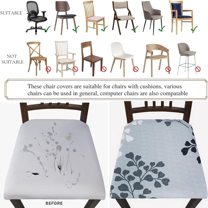 SearchI Water Repellent Seat Covers for Dining Chairs, 4 Pack Jacquard Stretch Dining Room Chair Seat Covers, Kitchen Chair Seat Covers Protectors(Grey Foliage)