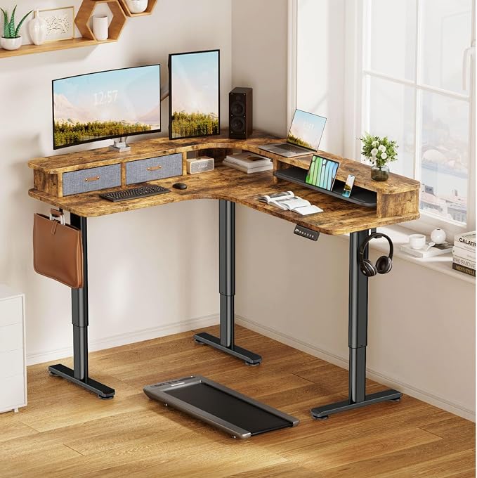 Flycity Electric L Shaped Standing Desk with Drawers, 63" x 55" Corner Standing Desk Adjustable Height, Stand Up Home Office Desk, Dual Motor Sit Stand Desk with 3 Memory Preset & Lock, Brown