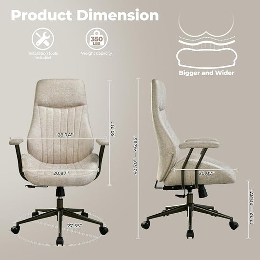 ovios Home Office Chair, Mid-Century Modern Faux Suede Leather Ergonomic Chairs, High Back Comfy Computer Swivel Rolling Task Executive Armchair, Beige