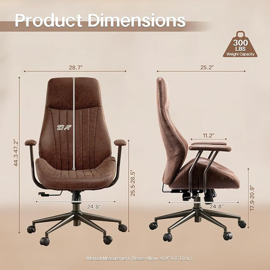HOOOWOOO Faux Suede Leather Home Office Desk Chair,MCM Modern Ergonomic Task Work Chair,Computer Gaming Chair with Cushion Seat Lumbar Support Reclining High Back for Long Hours(Chocolate Brown)