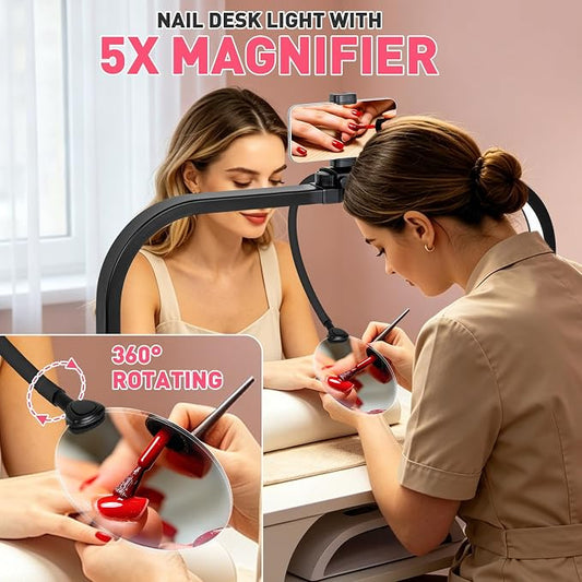 HITTI LED Half Moon Nail Desk Lamp, 30" Foldable Arch Light with 5X Magnifier & Phone Holder for Manicure, Handicraft, Art, Eyelash Extensions - Adjustable Brightness, 3 Color Modes, Home & Salon