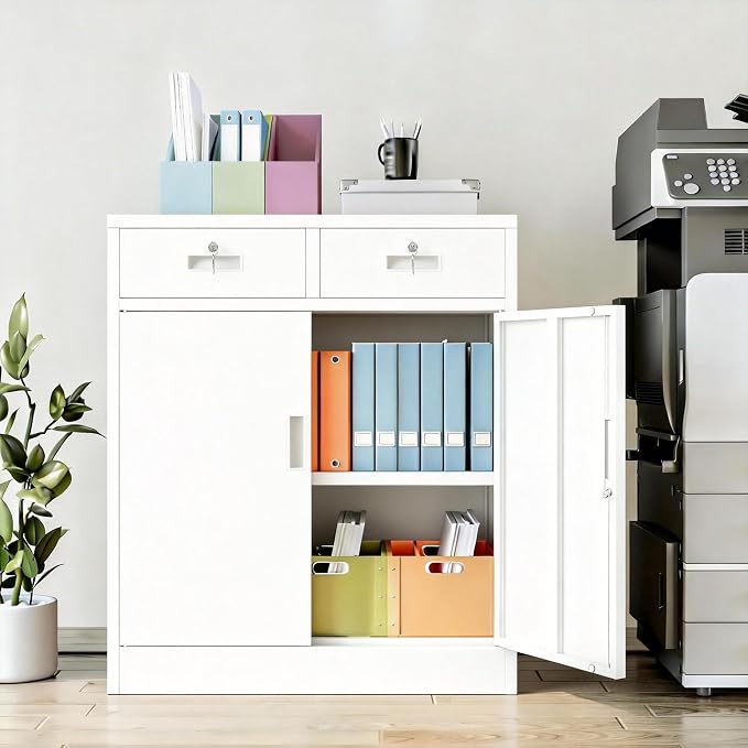 BESFUR Metal Storage Cabinet, Locking Storage Cabinet with Doors and Shelves, Reinforced Heavy Duty Metal Cabinets with Drawers for Office, Home, Garage (White)