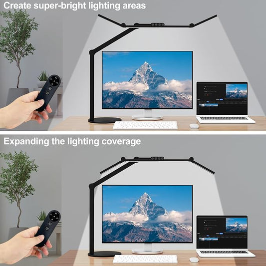 Micomlan Architect Desk Lamp with Remote Control, Adjustable Led Desk Light for Home Office with Base, 24W Bright Auto Dimming Table Light Rotatable Office Lamp with Swing Arm for Computer Cafting