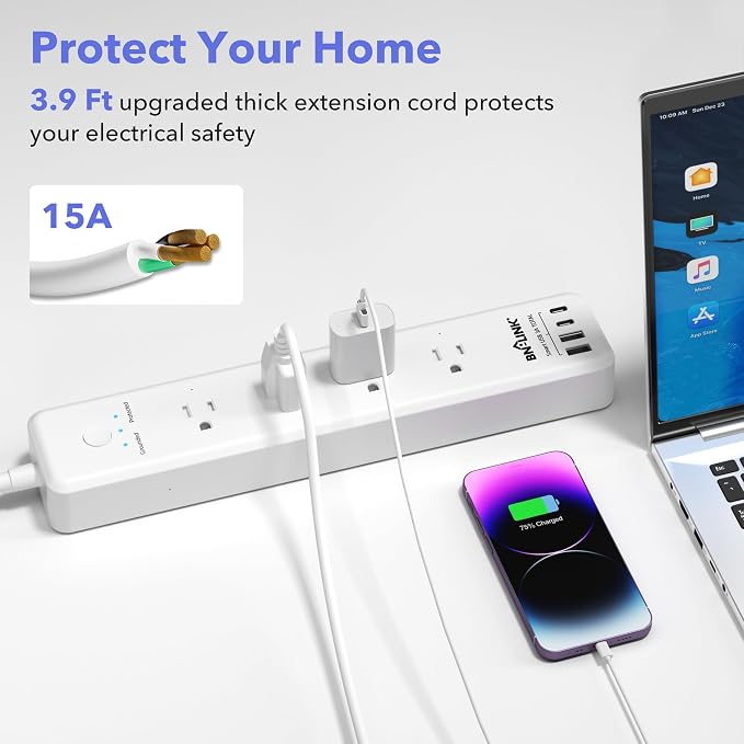 BN-LINK Remote Control Power Strip with 4 Independent Outlets,4 USBs (incl. 20W USB-C), 3.9Ft Extension Cord, 15A/1875W Overload Protection, Wall Mount, for Home, Office, ETL Listed, 1200J