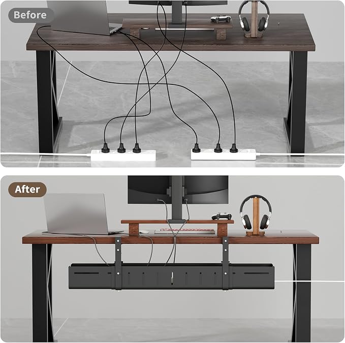 Under Desk Cable Management Tray, Expandable 25.2"–38.6", No Drill Clamp Mount, Cord Management Heavy Duty Carbon Steel Standing Cord Organizer for Home, Office, Gaming, Desk, Black