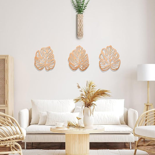 Palm Leaves Wood Wall Decor , 3Pcs Tropical Wall Art Jungle Decor, Wooden Natural Leaves Plant Wall Decor, Vintage Tropical Plant Plaque for Home Living Room Kitchen Bedroom Bathroom & Garden, Light Brown