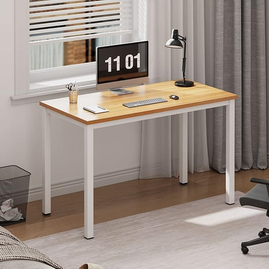 Need 39.4 inch Small Computer Desk, Sturdy Writing Desk for Small Spaces, Teens Computer Desks Study Table Laptop for Home Office, White Metal Frame, Teak Tabletop