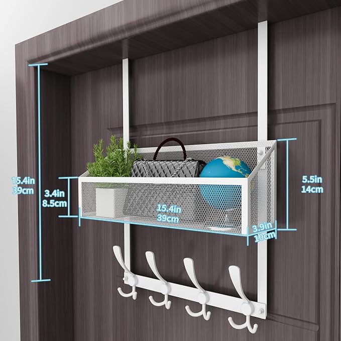 Kaiferty Over The Door Hooks Organizer, Coat Rack Over The Door Storage Hanger Towel Rack, Back of Door Storage Organizer for Bathroom,Bedroom,Kitchen,Office (White, 2-Tier)