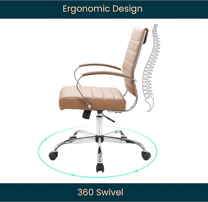 LeisureMod Benmar Leather Office Desk Chair, Mid-Back Ergonomic Swivel Chair with Lumbar Support, Adjustable Height, Tilt Lock, Cushioned Seat & Back, Home Office Task Chair (Brown, Single)