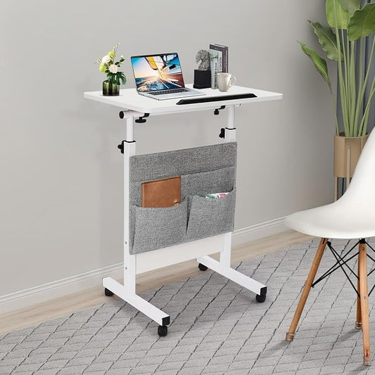 Small Mobile Standing Desk with Storage, 24" L×16" W Mobile Office Table, Rolling Laptop Table with 180° Flip, 32-47in Adjustable Height Desk for Small Spaces Home Offices